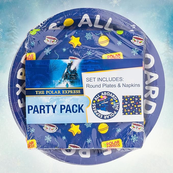 Silver Buffalo The Polar Express All Aboard Christmas Holiday Train 32 Pack Partyware Disposable Paper Plates and Napkins