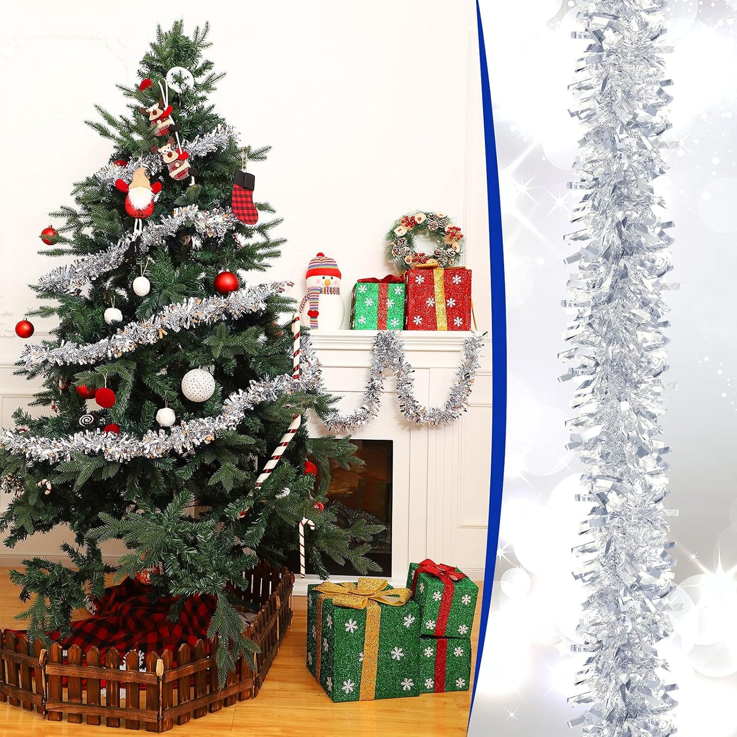 Sosation 100 ft Christmas Tinsel Garland Christmas Tree Twist Garland Bulk Glitter Metallic Streamer Indoor Outdoor Hanging Xmas Decorations(Silver)