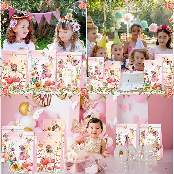12 Pcs Fairy Party Favor Sunflower Gift Bags with Stickers Spring Floral Welcome Flower Party Favors Butterfly Paper Candy Goodie Treat Bags for Garden Decor Bday Bridal Baby Shower Wedding Supplies