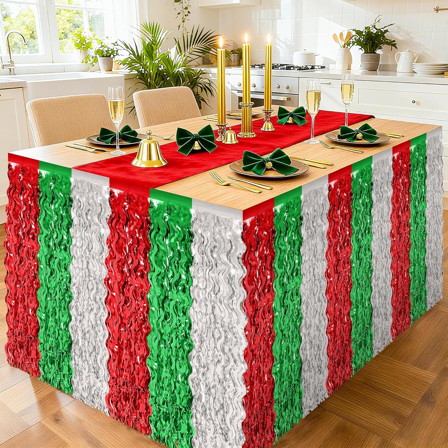 Christmas Table Skirt, 2 Pack Red Silver Green Desk Skirts Party Decorations, Metallic Xmas Wavy Tinsel Foil Fringe Table Skirts, Foil Table Skirt for Indoor Christmas Party Backdrop
