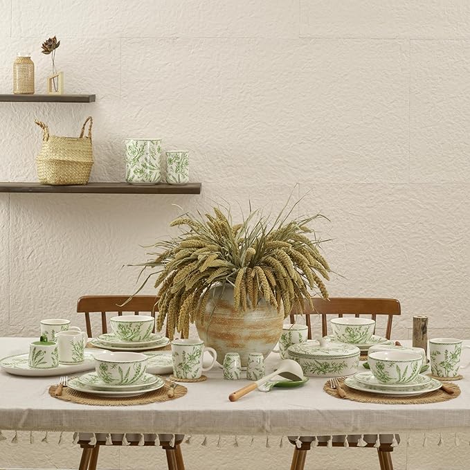 Bico Green Garden Toile De Jouy Salad Plates Set of 4, 8.75 Inch Ceramic Dessert Plates for Salad, Appetizer, Side Dishes, Microwave and Dishwasher Safe, Gift for Housewarming and Thanksgiving