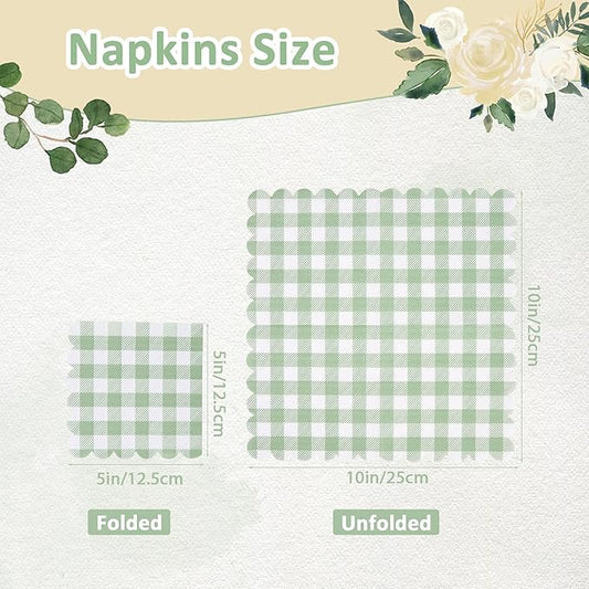 100 Pcs Sage Green Napkins Scalloped Plaid Cocktail Napkins Folded 5 x 5 Inches Disposable Napkins for Wedding Birthday Party