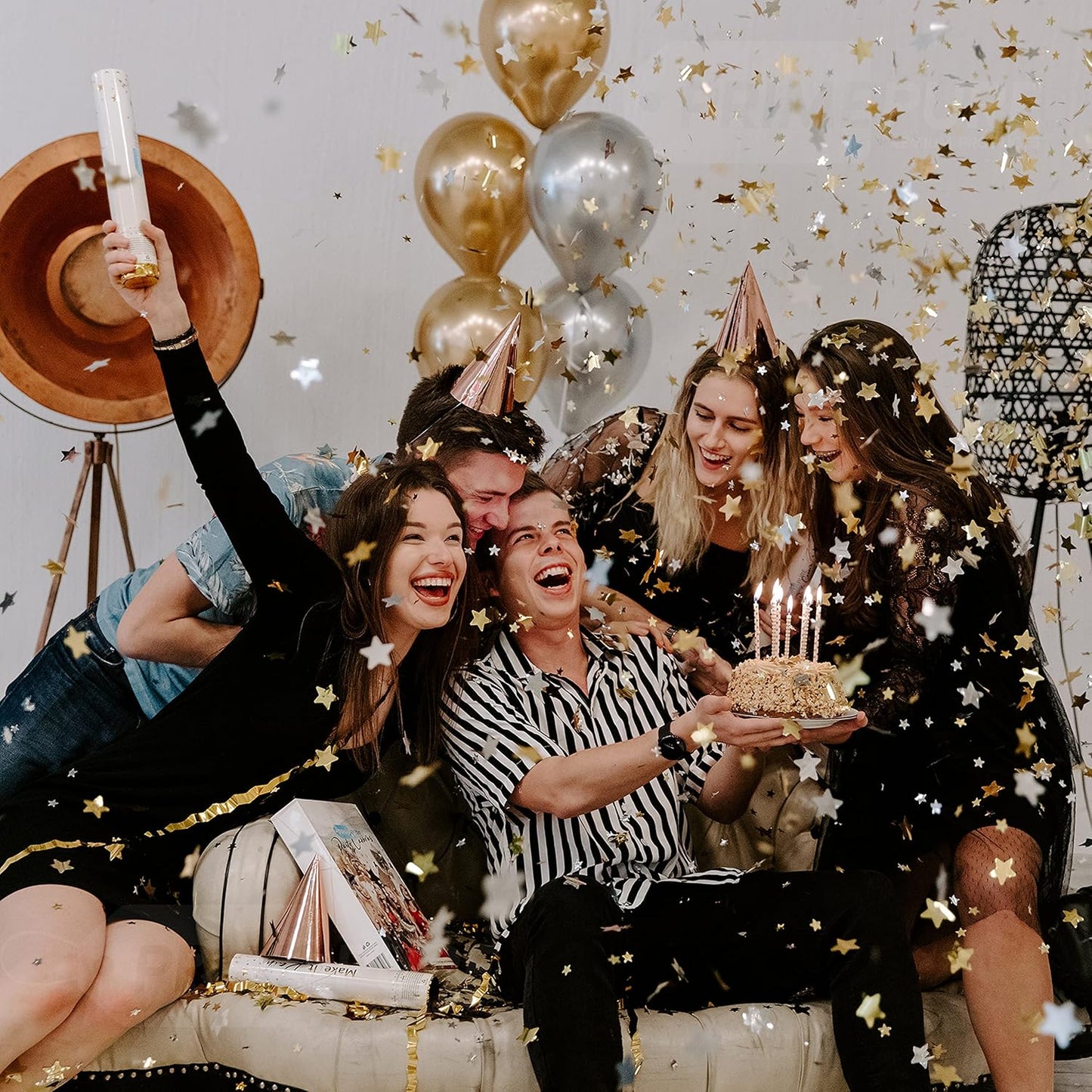 PrimePure Confetti Cannon Party Poppers - Gold Star Confetti Poppers & Streamers - 6 Pack - New Years Party Cannon - Gold Glitter Stars Pop Gun for NYE 2026, Wedding, Birthday, Celebration, Pranks