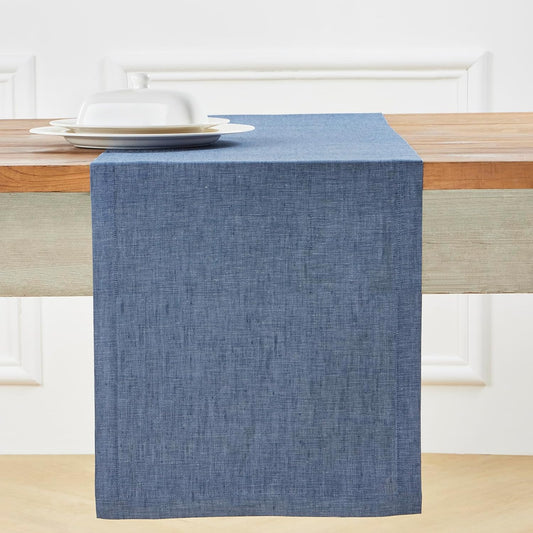 Solino Home Linen Table Runner 60 Inches - 100% Pure Linen Blue Denim Table Runner 14 x 60 Inch Ideal for Dresser and Coffee Tables - Athena