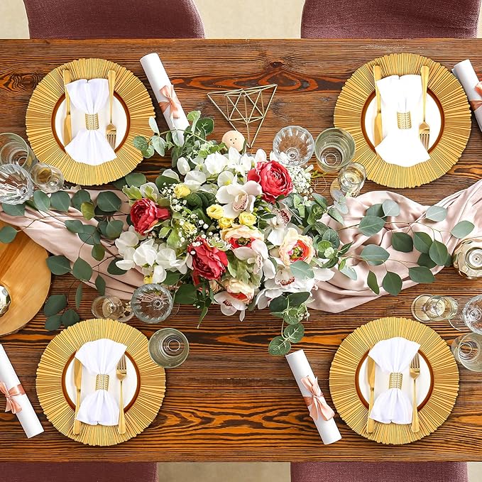 Tanlade 50 Set Bright Gold Charger Plates Bulk with Napkin Rings Plastic 13" Plate Charger Fluted Edge Wedding Decoration for Table Wedding Party Event(Sun)