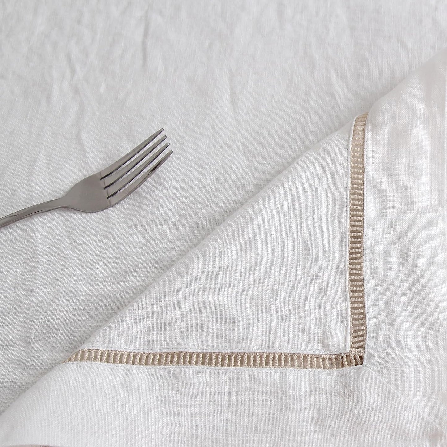 Linen World Hemstitch Linen Tablecloth,100% Natural French Flax,60x120Inch Handcrafted White-Natural Linen Table Cloth,Tabletop,Table Cloths for Kitchen,Dining,Daily Use(White-Natural)