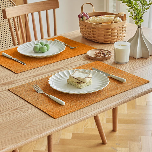 Softalker Faux Linen Placemats Set of 12-12 x 18 Inch, Heat Resistant Double Layered Durable Burlap Farmhouse Place Mats, Non-Slip Washable Rustic Table Mats for Dining, Kitchen, Party(Orange