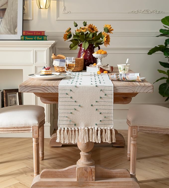 Boho Table Runner 13 x 90 Inch Long Natural Cotton Woven Runner with Tassels for Home Dining Table décor, for Modern Farmhouse Decor Coffee Table Runner, Green and Beige