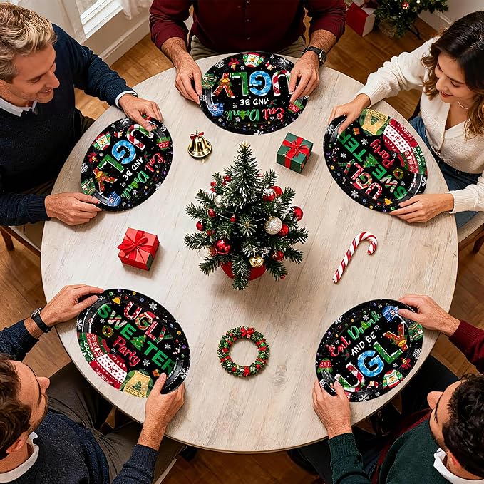 Grencian 50Pcs Ugly Sweater Oval Paper Plates 10" x 12" Large Disposable Heavy Duty Eat Drink And Be Ugly Paper Platters Tacky Sweater Dessert Plates for Winter New Year Holiday Dinner Party Supplies
