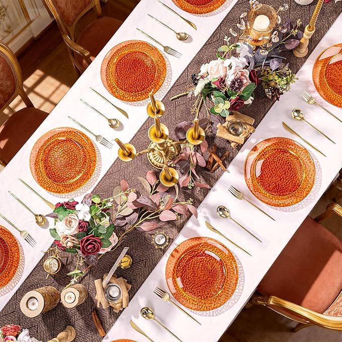 Rubtlamp 60Pcs Amber Plastic Plates - Brown Disposable Plates With Gold Rim, Clear Heavy-duty Party Plates, Hammered Plates Include 30 Dessert Platos, 30 Dinner Platos for Party