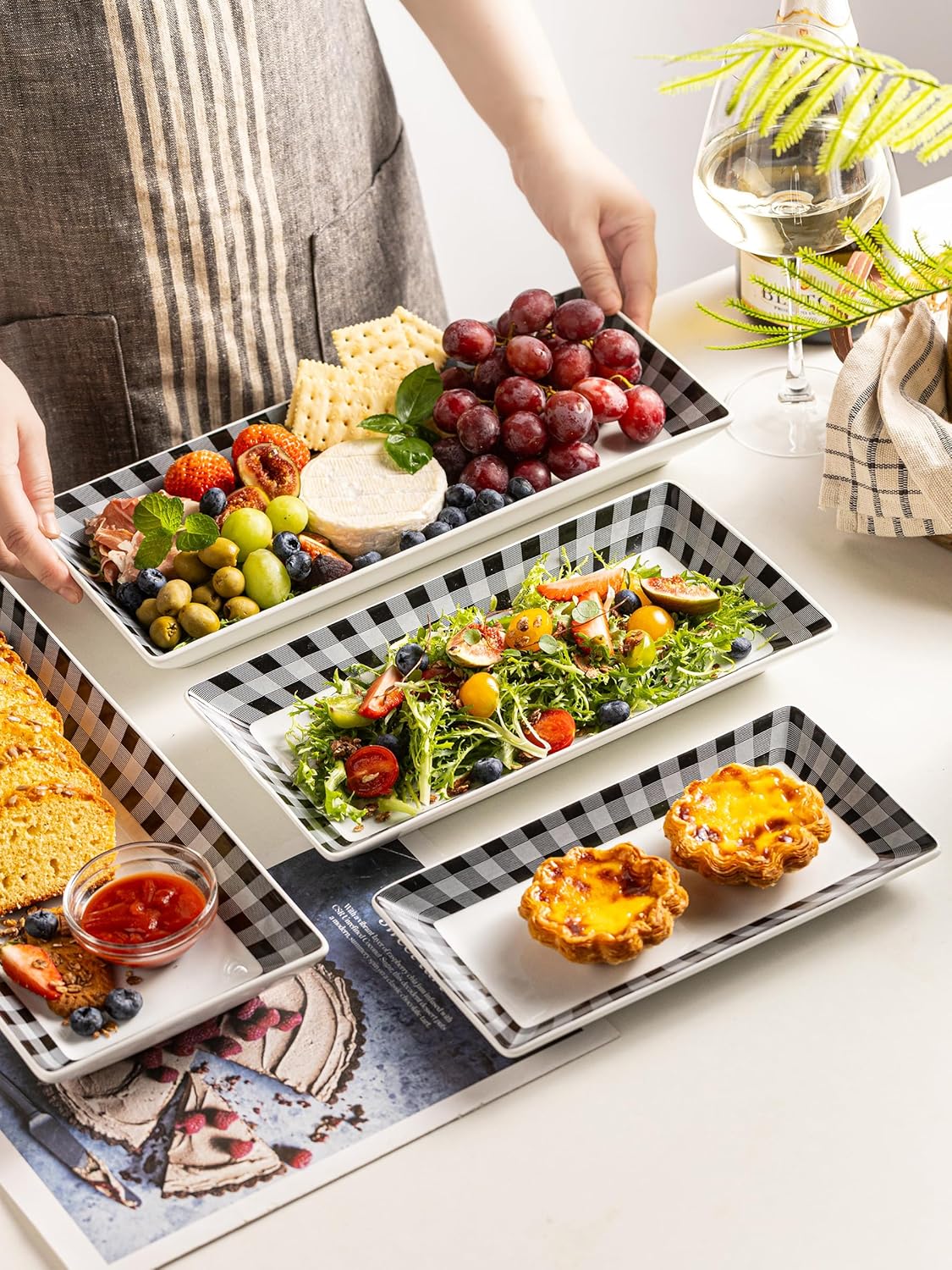 YHOSSEUN Ceramic Serving Platters Set of 4, Black and White Serving Platters and Trays for Food, Rectangular Halloween Plates Serving Dishes for Parties, Checkered, 12 Inch