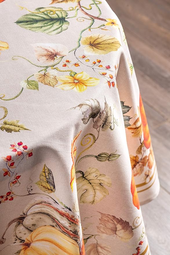 Maison d' Hermine Table Cloth Round Table 100% Cotton 63 Inches Fall Tablecloth Reusable Everyday Use for Thanksgiving Christmas Decorations Dining Farmhouse Party (Potiron)