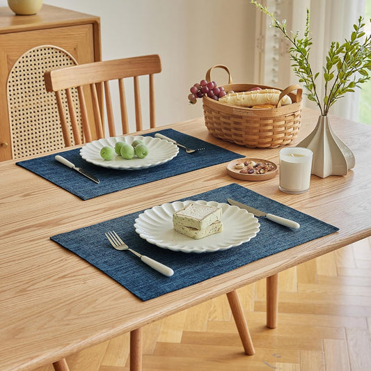 Softalker Faux Linen Placemats Set of 8-12 x 18 Inch, Heat Resistant Double Layered Durable Burlap Farmhouse Place Mats, Non-Slip Washable Rustic Table Mats for Dining, Kitchen, Party(Navy Blue