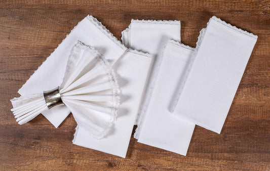 Lightnpro Set of 12 Cloth Dinner Napkins with Beautiful Lace - Cotton, Soft & Durable, Washable - Ideal for Weddings, Spring, Summer, Easter, and Everyday Use - 18x18 Inch White