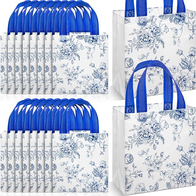 Sweetude 16 Pcs Bridesmaid Gift Bags Blue White Floral Gift Bags with Handle Flower Party Favor Non-woven Reusable Tote for Wedding Birthday Baby Shower Engagement DIY Shopping