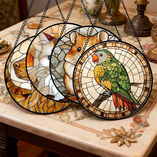 Stained Glass Window Hanging 4 Pcs Set Cute Cat and Dog 9.8" - Animal Suncatcher Door Garden Sun Catcher Decor Birthday Mother's Day for Mom Woman Nana Girl Boy Friend