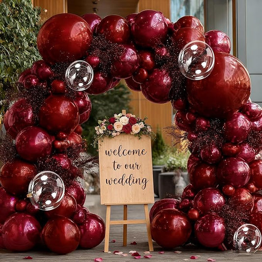 Burgundy Balloon Arch Double Stuffed Dark Ruby Red Balloon Garland Kit Wine Red Maroon Balloons Clear Balloons for Birthday Wedding Bridal Mothers Day Anniversary Engagement Baby Shower Party Decor