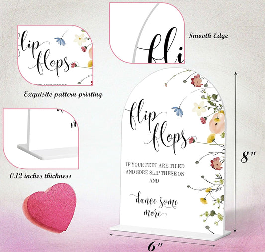 Wedding Flip Flops Sign, Flower Style Wedding Signs for Reception for Bridal Shower and Reception, Bridal Shower Decorations, Wedding Shower Favors, 6X8 Inch Acrylic Arch Sign with Stand,36