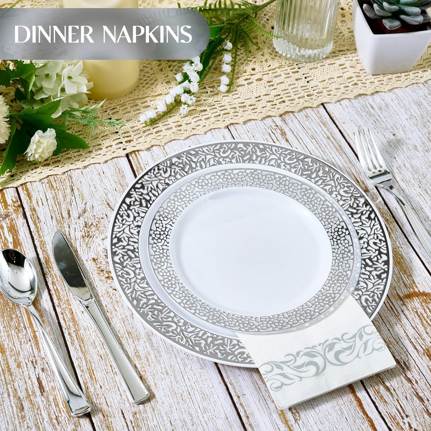 Vplus 200 Pack Paper Napkins Guest Towels Disposable Premium Quality 3-ply Dinner Napkins Disposable Soft, Absorbent, Perfect for Kitchen, Wedding, Parties, Dinners or Events(Silver)