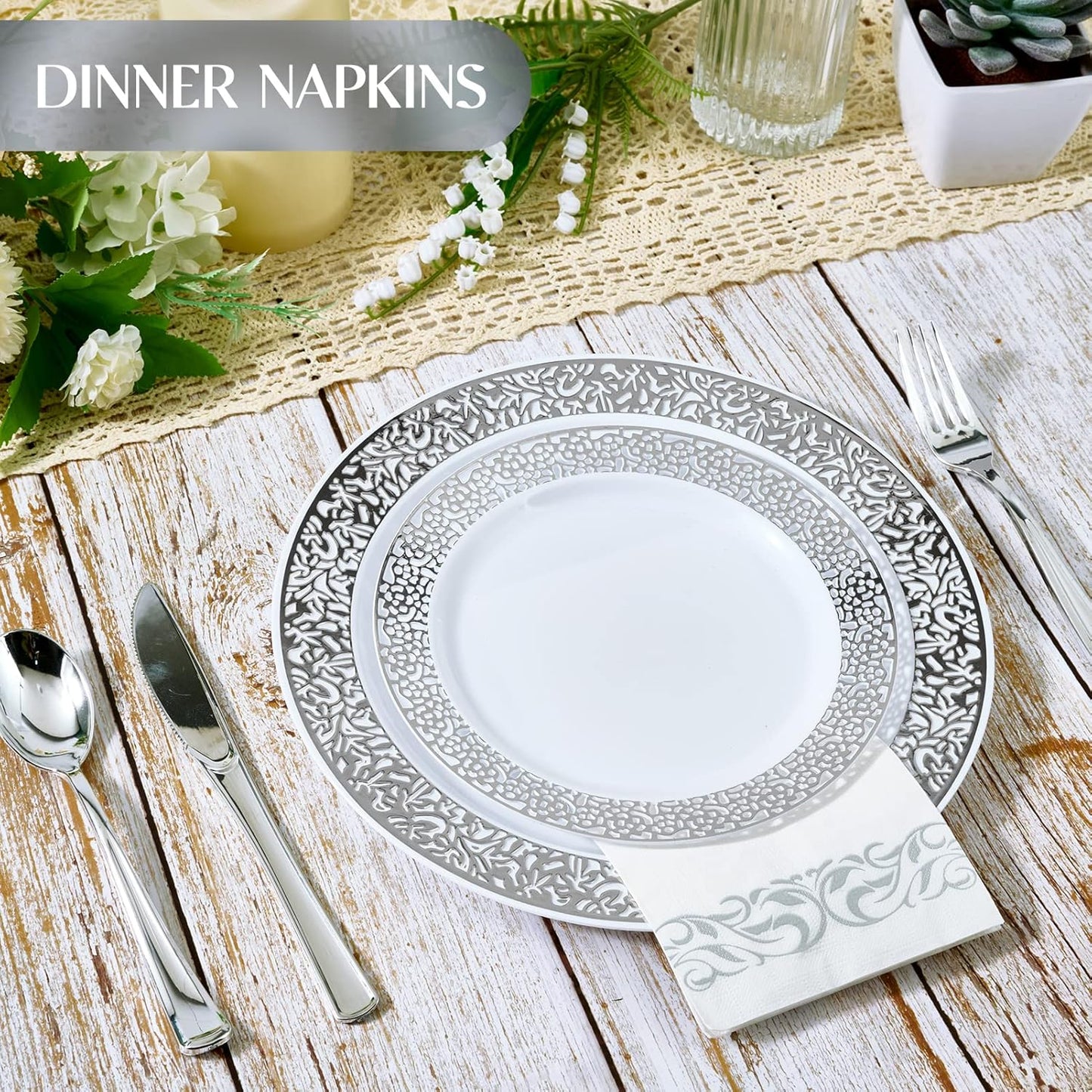 Vplus 400 Pack Paper Napkins Guest Towels Disposable Premium Quality 3-ply Dinner Napkins Disposable Soft, Absorbent, Perfect for Kitchen, Wedding, Parties, Dinners or Events(Silver)