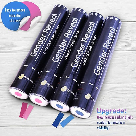 Gender Reveal Confetti Cannon 2 Pink 2 Blue Powder Smoke with 100% Non-Toxic, Food-Grade Corn Starch - Safe and Easy Compressed Air Party Popper - Bright Explosion for Photo Effect