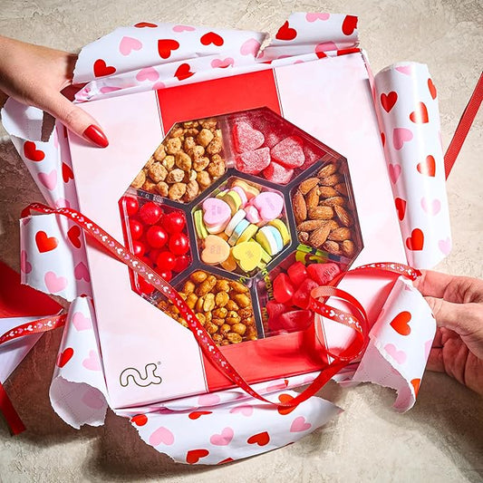 NUT CRAVINGS - Halloween Treats For Adults Mixed Nuts & Heart Candy Gift Basket in Red Gold Box (7 Assortments, 1 LB) Holiday Xmas Christmas Food Arrangement, Healthy Snack Care Package