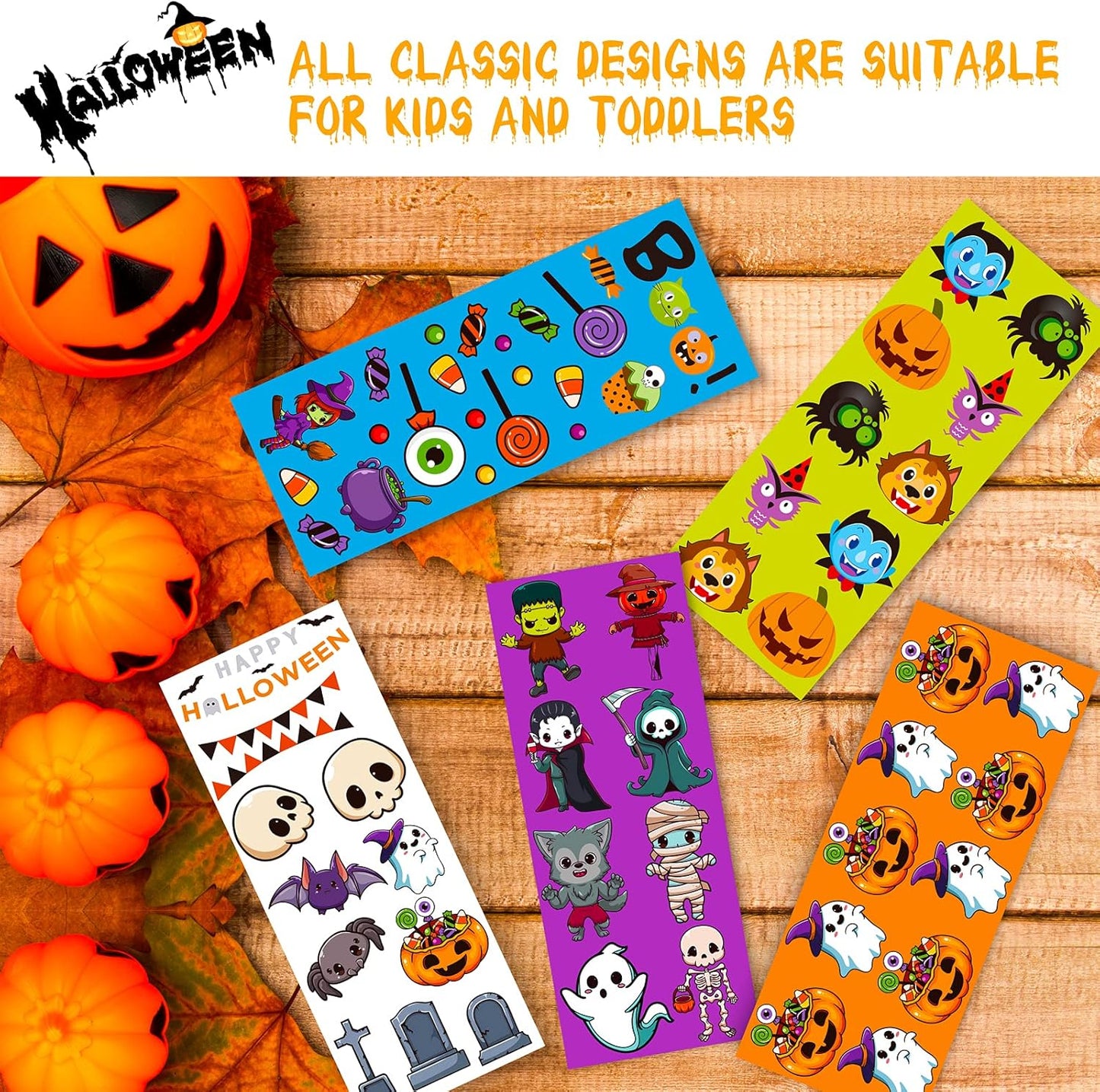 Irichna 50-Sheet Halloween Stickers - 660pcs, Vinyl Waterproof Spider Bats Pumpkin Stickers for School and Party