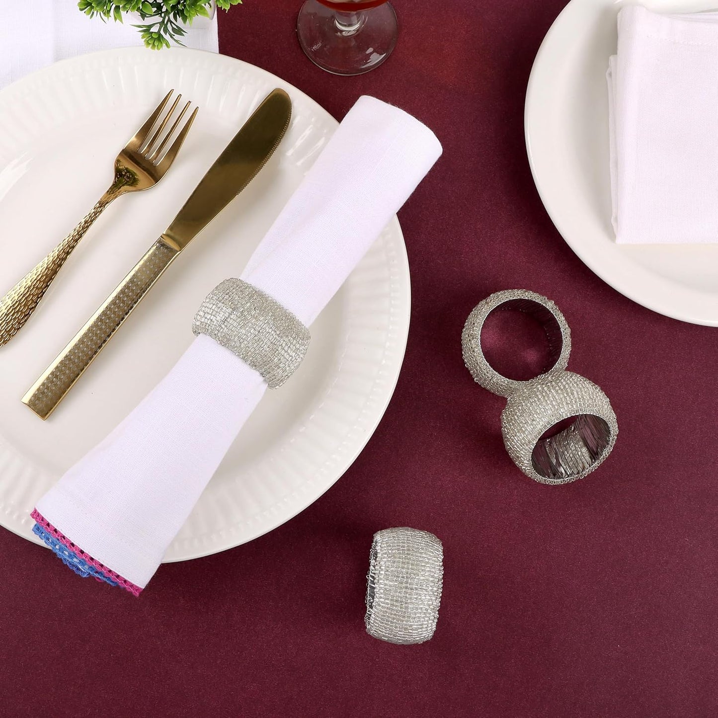 ALPHA Living HOME Beaded Napkin Rings Set of 12- Beaded Napkin Holders for Christmas, Thanksgiving, Holiday Party, Dinner PartyWeddings, Parties, Family Gatherings, and Table Décor - Silver