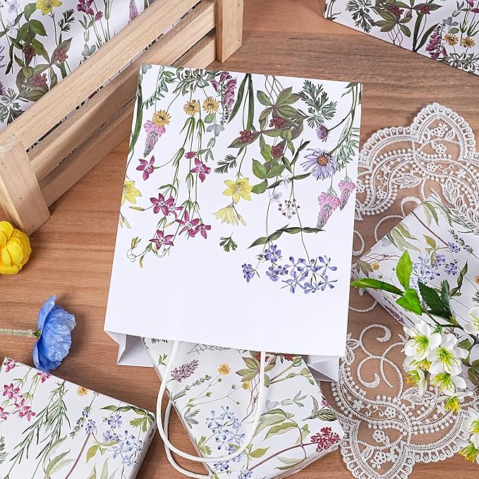 Loveinside Vintage Wildfloral Paper Gift Bag, Spring Flower Deisgn with Handles Grocery Shopping Bags Candy Goodie Bags for Birthday, Wedding, Spring, Mother's Day, 8" x 4" x 10", 12 Pcs