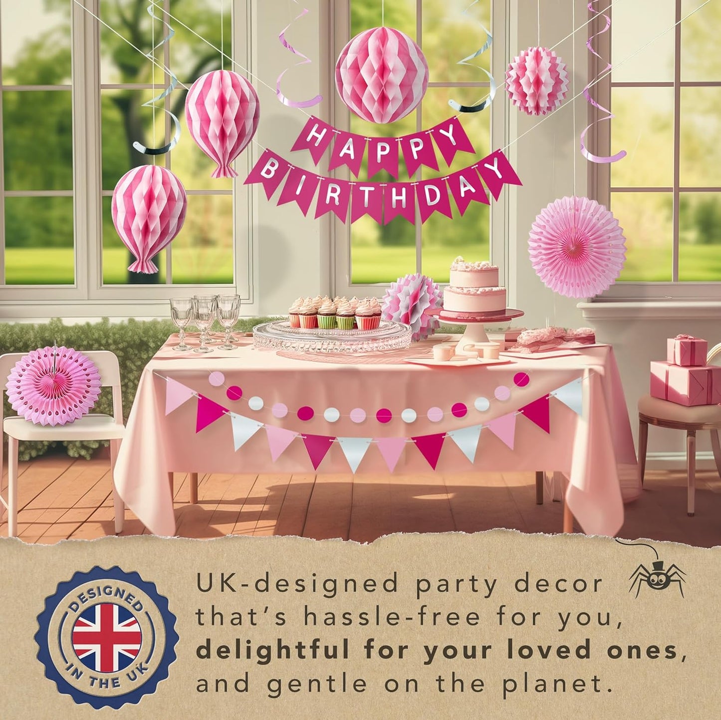 Premium Reusable Happy Birthday Decorations for Women and Girls Pink Party Decorations, Multi-occasion Banner, Pennant Banner, Paper Fans - Party Decor by Itsy Bitsy Party Co