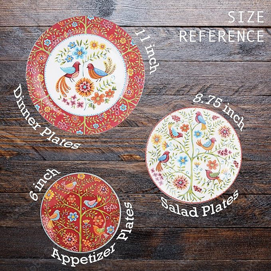 Bico Red Spring Bird Salad Plates Set of 4, 8.75 Inch Ceramic Dessert Plates for Salad, Appetizer, Side Dishes, Microwave and Dishwasher Safe, Gift for Housewarming and Thanksgiving