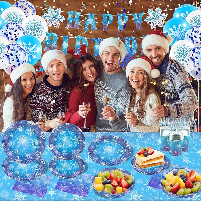 148pcs Snowflake Frozen Birthday Party Supplies,Blue and Purple Snowflake Winter Wonderland Paper Plates and Napkins Kit for Christmas Winter Holiday New Year Party Supplies Decorations,Serves 24