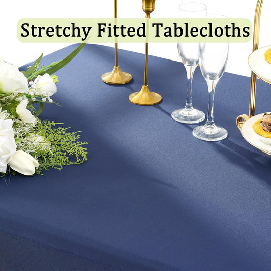 2 Pack Navy Blue Spandex Tablecloths for 8 Foot Rectangle Tables, Wrinkle Free Fitted Table Cloths 8ft Stretchy Table Cloth Covers with Skirt for Parties Weddings Birthday Banquet Baby Shower