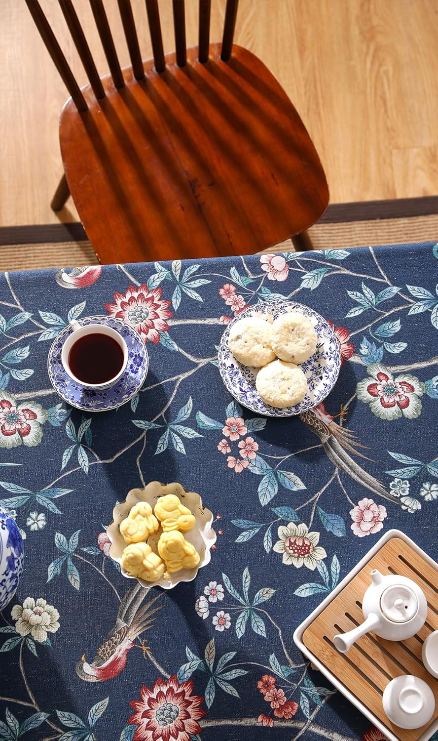 patdrea Designer Vintage Dark Blue Linen Square Tablecloth,Navy French Floral and Birds Pattern Tableloths,Decoration Table Cover for Kitchen,Dining,Tea Party,Home,Christmas,67"*67"