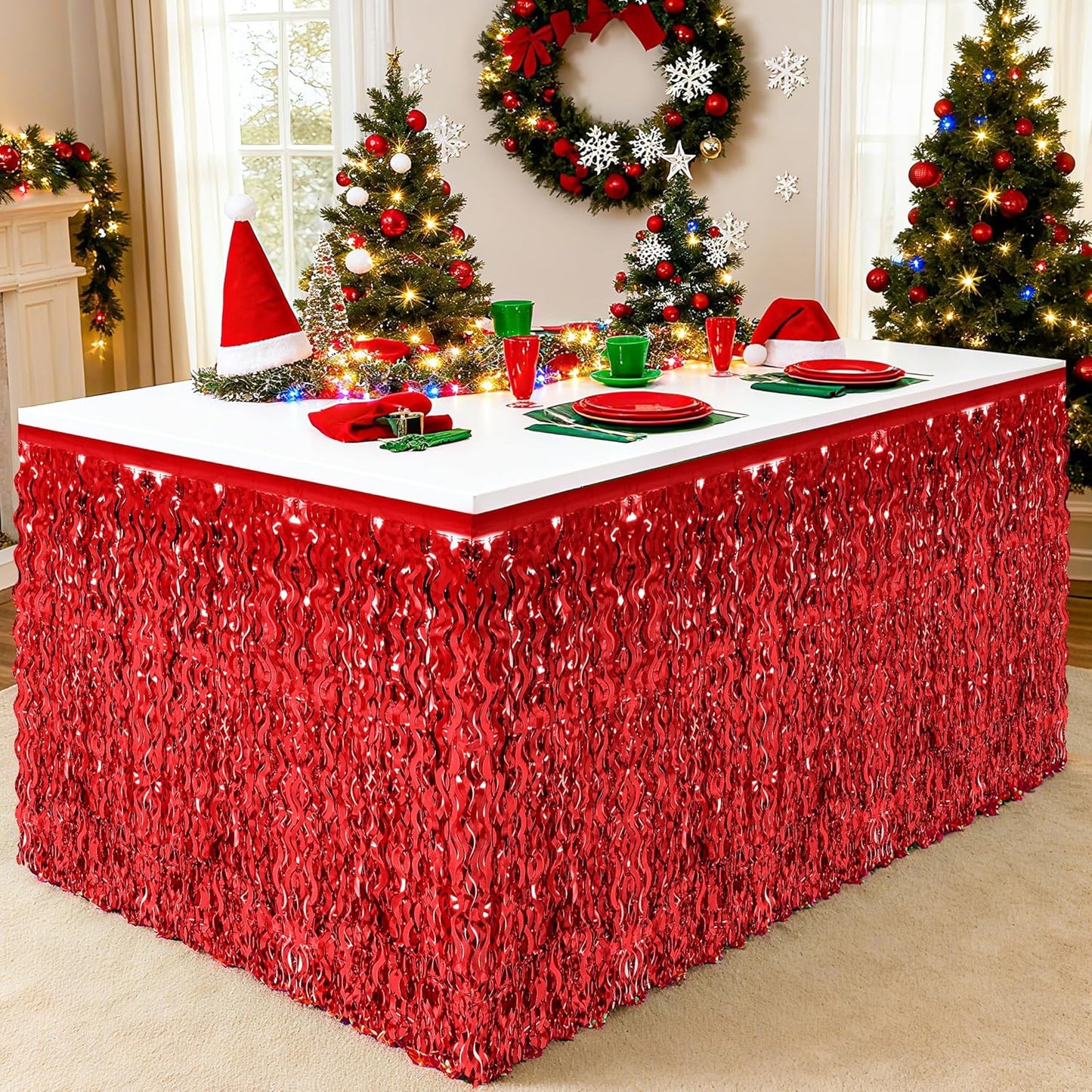 2 Pack Table Skirt, Red Foil Grass Skirt for Table, Christmas Metallic Wavy Tinsel Foil Fringe Table Skirts, Table Curtain Skirts for Valentine's Graduations Wedding Birthday Indoor Party Decorations