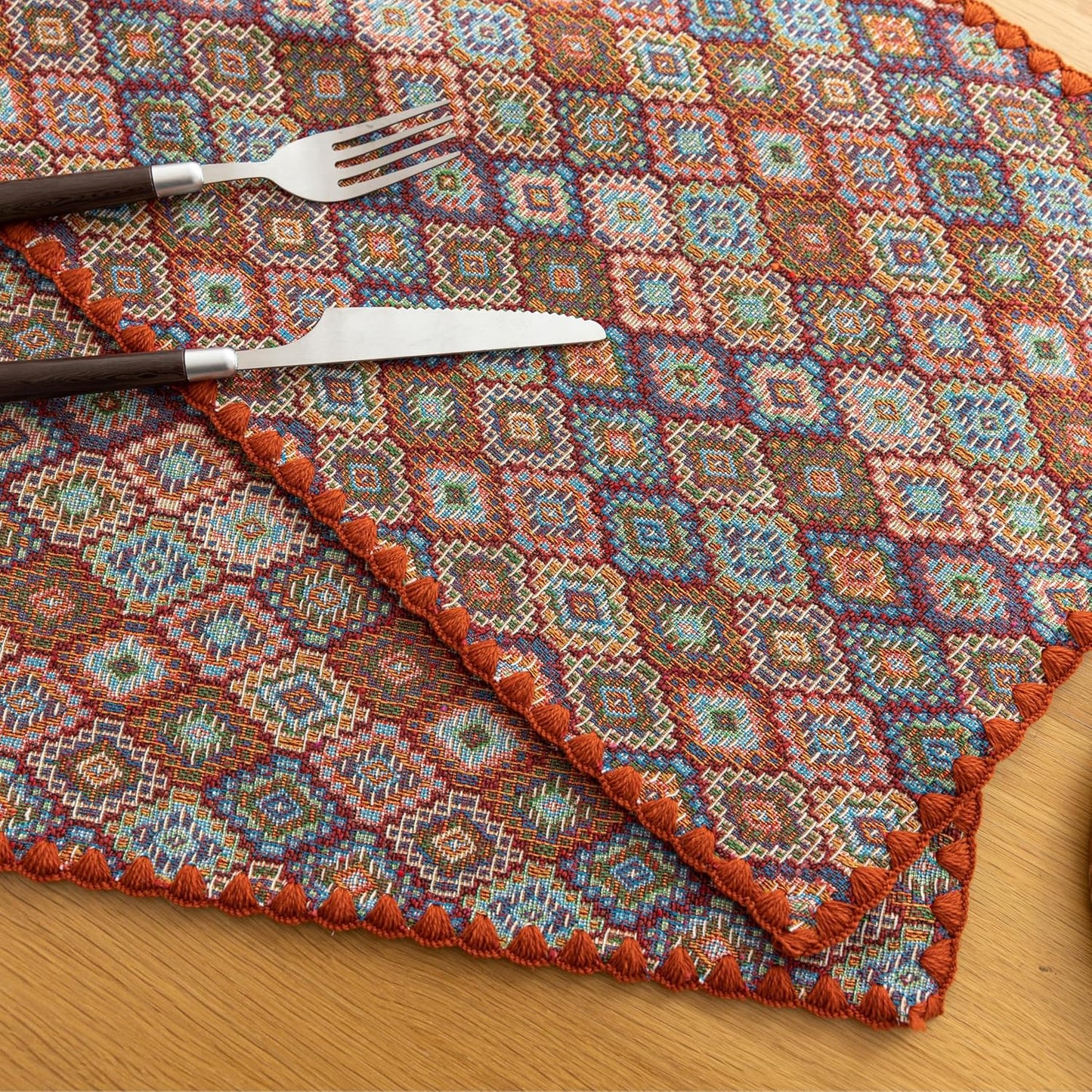 Boho Embroidery Table Runner Accessories Set of 6 Geometry Fall Kitchen Dining Table Decoration for Home Party Decor 13x18inch