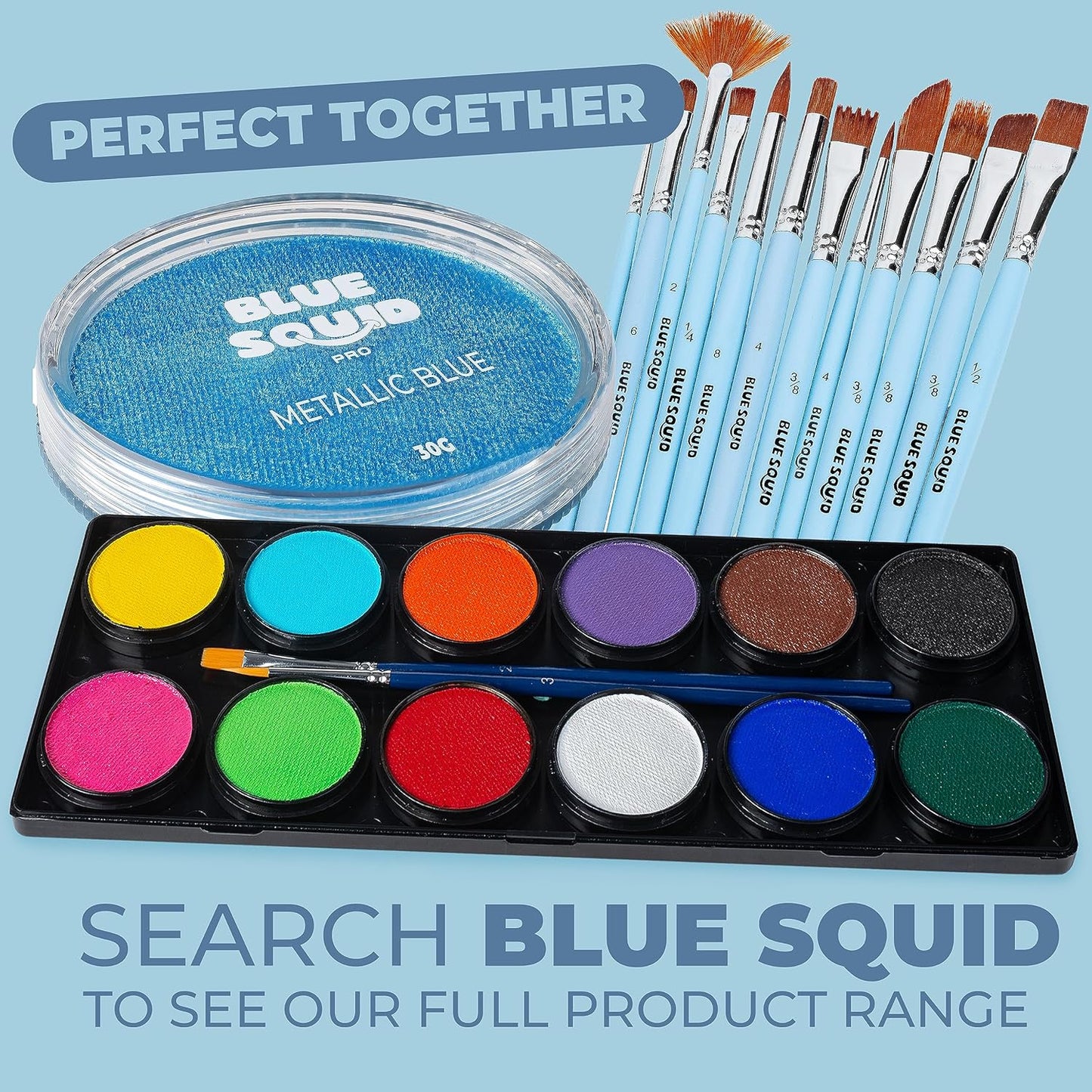 Blue Squid Face Paint Water Based Single Cake Professional Face Paint & Body Paint - Water Activated, Kids Adults Face Painting for Costume, Halloween Makeup, Cosplay - Metallic Blue Face Paint 30g