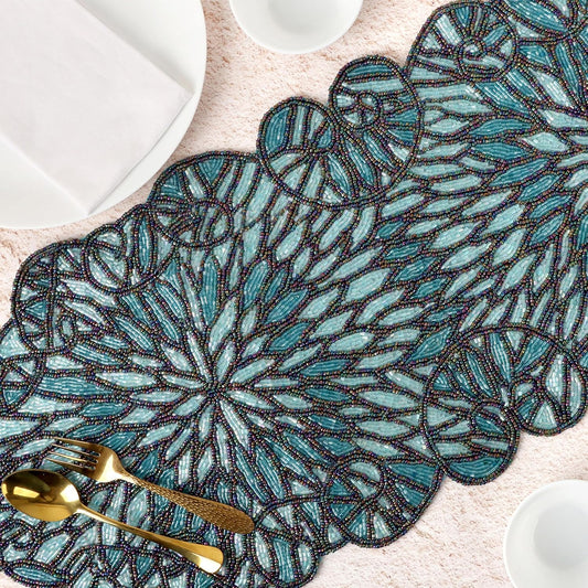Festive Beaded Table Runner - 13x36 Handmade Stone Sapphire Beaded Table Runner - Floral Art Deco Design & Durable Polyester Backing for Farmhouse, Bridal & Holiday Décor (Blue Black) - CLEENTABLE