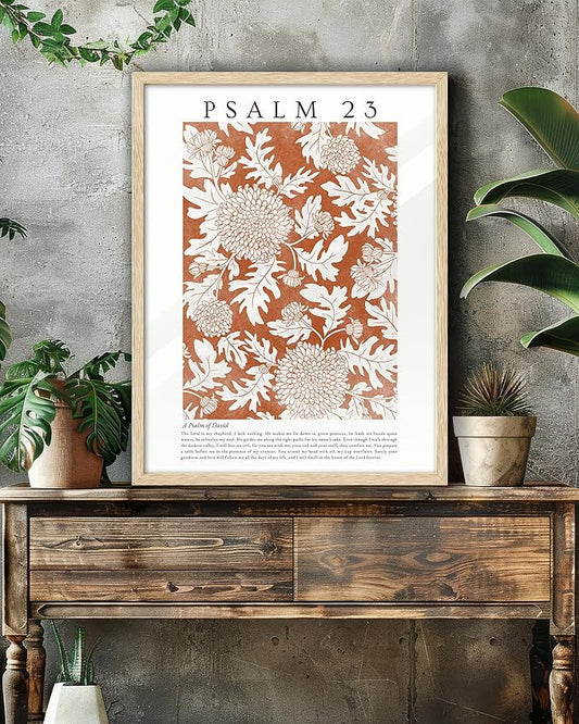 EcoHest Christian Bible Verse Framed Wall Art, 12x16 in OAK Wood A Psalm of David Canvas Wall Art, Psalm 23 Orange Faith Home Decor, Thanksgiving Scripture Set of 1 for Bedroom Living Room