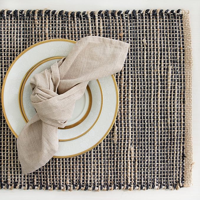 Chardin Home Natural Jute & Black Placemats, Set of 4 – Rustic Handmade Boho Table Mats, 13x19 Inch Dining Table Placemats for Kitchen, Everyday Meals, Holidays, Farmhouse or Modern Table Décor