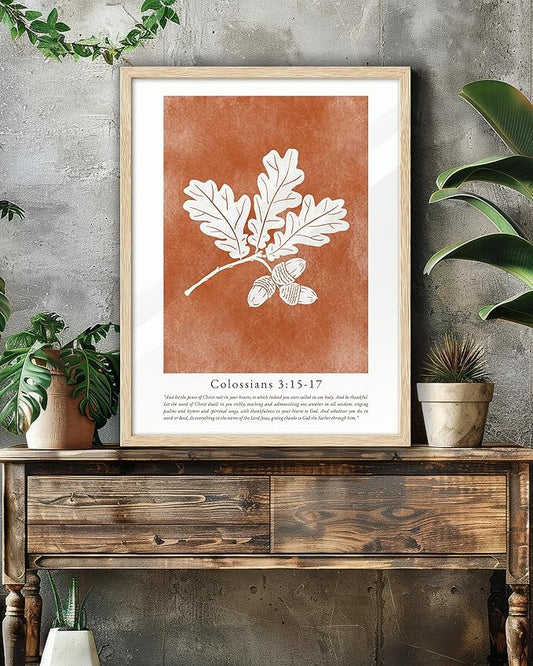 EcoHest Vintage Christian Fall Framed Wall Art, 12x16 in OAK Wood Burnt Orange Bible Verse Canvas Wall Art,Botanical Scripture Colossians Faith Home Decor, Set of 1 for Bedroom Living Room