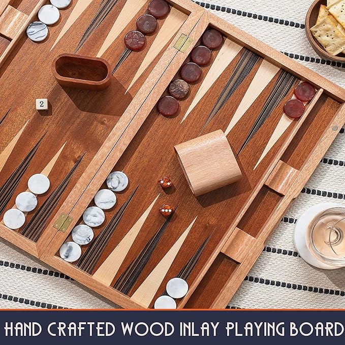 Pointworks 17 Inch Backgammon Sets for Adults. Beautiful Wood Inlaid Backgammon Board Game Set with Unique Checkers & Dice. Large Back Gammon Game Sets Travel Size for 2 Players Nardi or Tavla