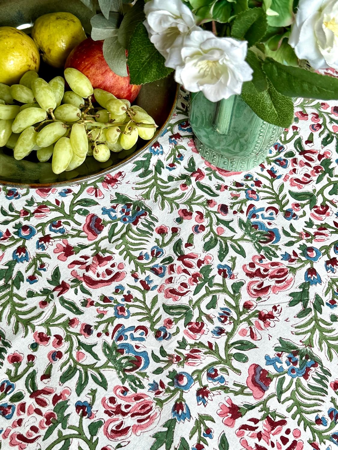 ATOSII Ambrosia 100% Cotton Rectangle Boho Spring Summer Tablecloth, Handblock Floral Table Cloth Linen for Kitchen Dining I Parties Wedding Outdoors Easter I 72 X 140 Inches I 12 Seater