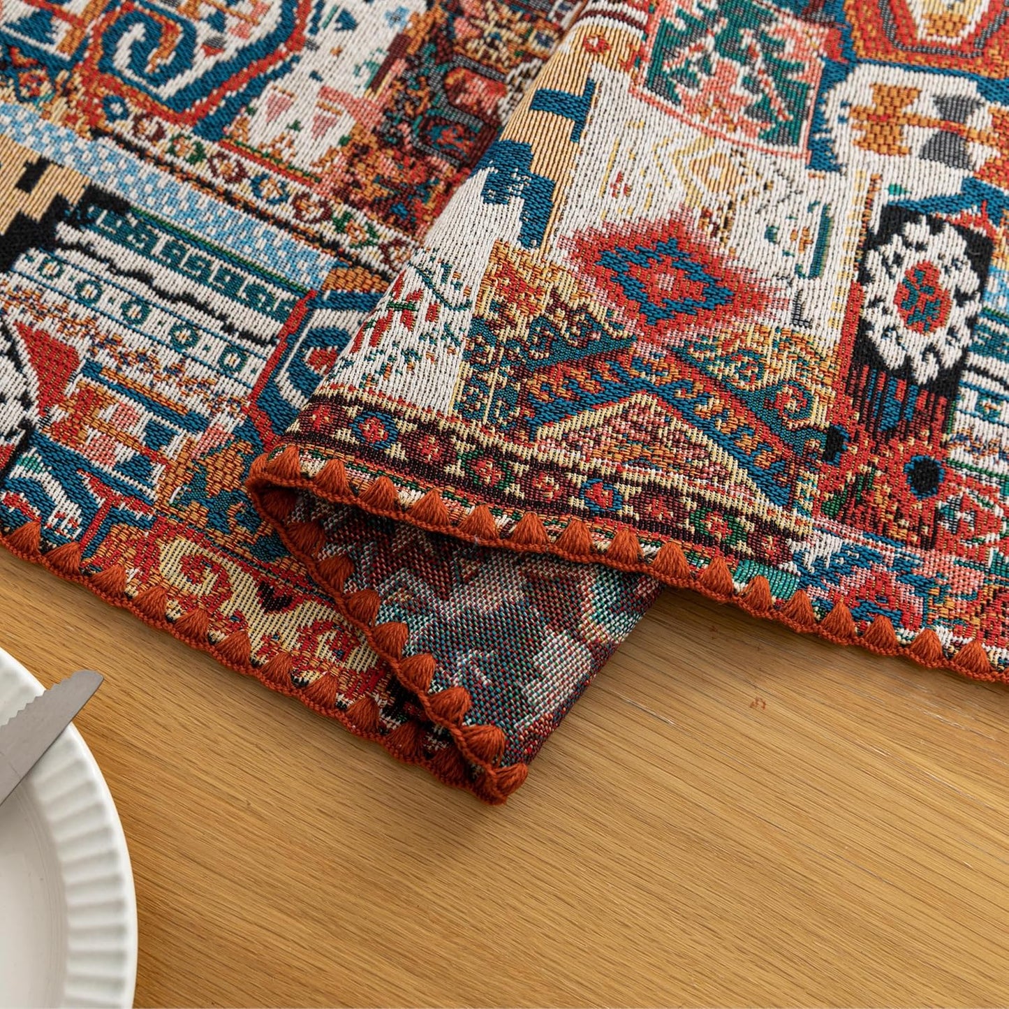 Boho Embroidery Table Runner, Geometry Fall Kitchen Dining Table Decoration for Home Party Decor 13x48Inch