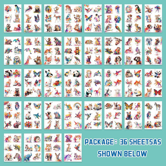 216 PCS Watercolor Animals Temporary Tattoo Set (36 Sheets) for kids - Cute Animals Sticker for Girls Boys Body Arm Shoulder, Birthday Party Supplies Gifts for Kids