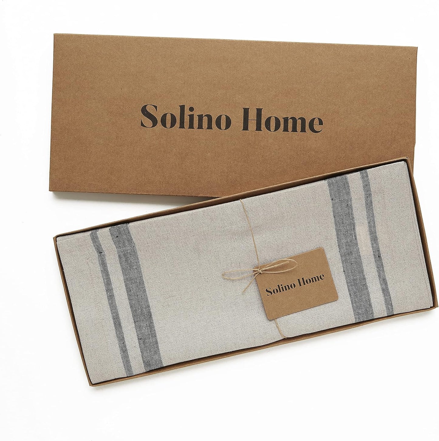 Solino Home Linen Table Runner 144 Inches Long - 100% Pure Linen Black and Natural French Stripe Table Runner 14 x 144 Inch for Dining, Thanksgiving