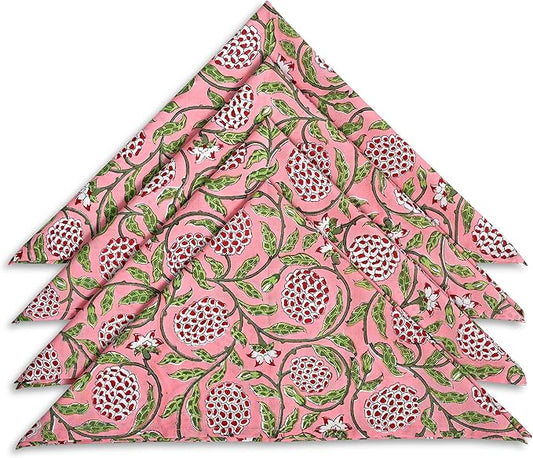 Ridhi Strawberry Pink Hand Block Print 100% Cotton Napkins 18" x 18" (Set of 4) Reuseable Kitchen Napkins Cloth Decor Dinner Party Wedding Cocktail Gift for Spring, Easter, Valentine