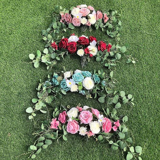 Wedding Arch Flowers,3Pcs Set White Rose Decorative Floral Swags, Artificial Greenery Eucalyptus Leaves Flower For Sheer Drapes, Wedding Chair, Arbor, Wedding Ceremony and Reception Arrangement