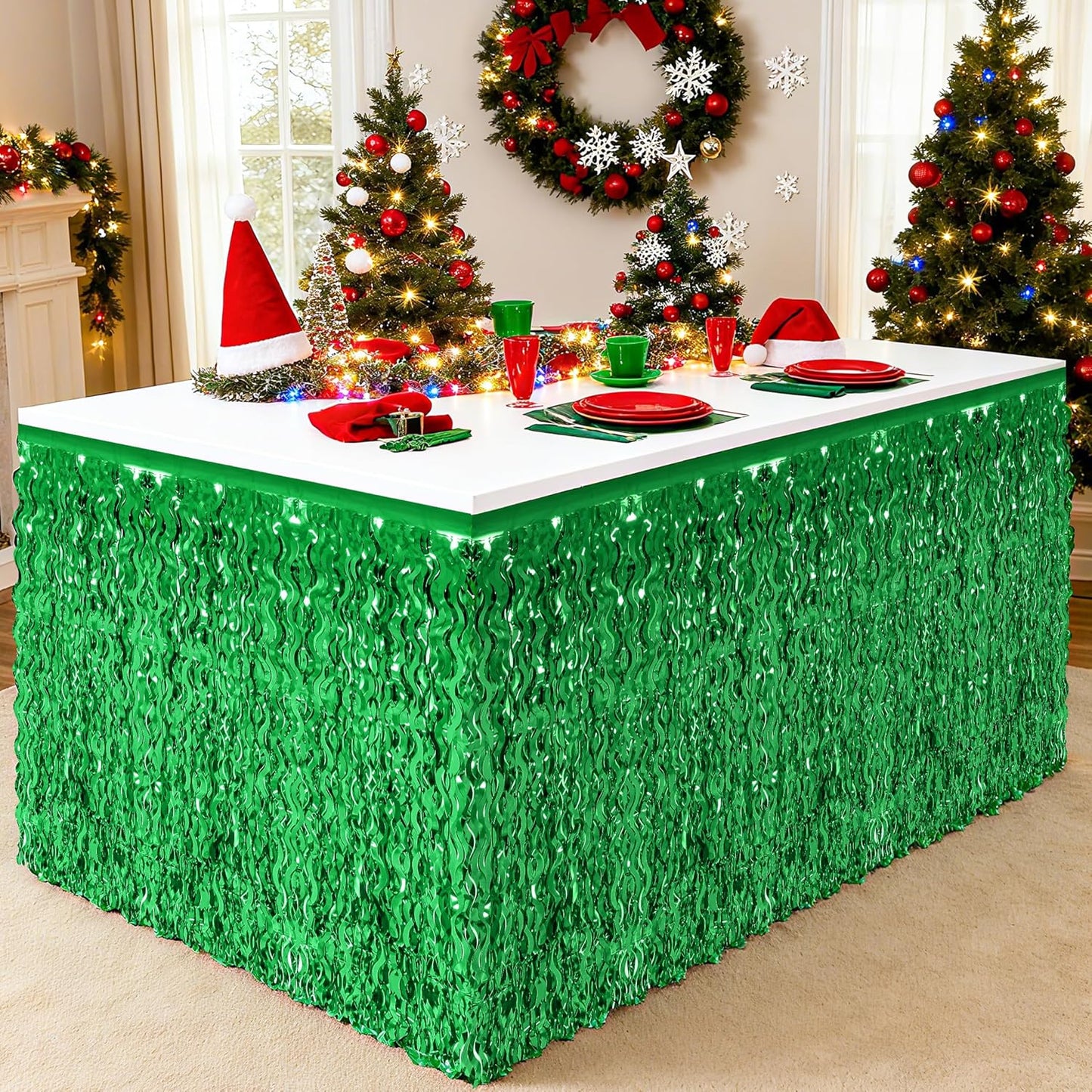 2 Pack Green Table Skirt, St Patrick's Day Foil Grass Table Skirt, Metallic Wavy Tinsel Foil Fringe Table Skirts, Table Skirts for Irish Holiday Saint Patrick Wedding Birthday Valentines Party
