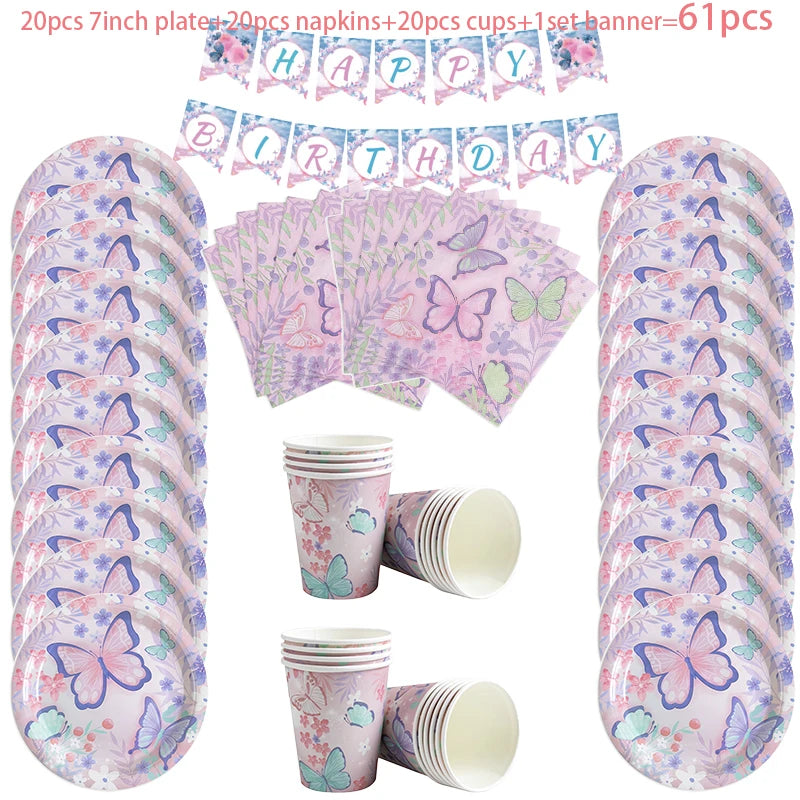 Butterfly Party Tableware Set Butterfly Pattern Paper Plate Napkin Cup Disposable Tablecloth for Baby Shower Birthday Supplies